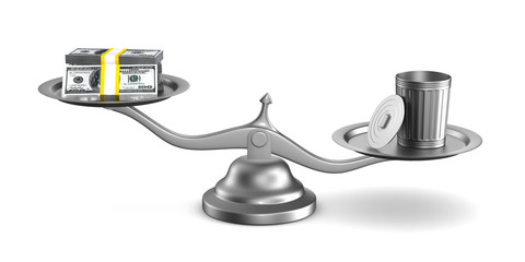 Garbage basket and money on scale. Isolated 3D illustration