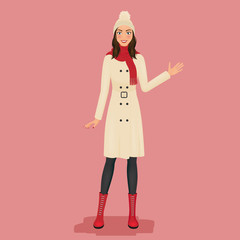 Woman in a coat, pom pom hat, red scarf and boots. Autumn or winter fashion. Vector illustration.