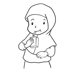  Hand drawing Muslim girl drinking milk-Vector Illustration