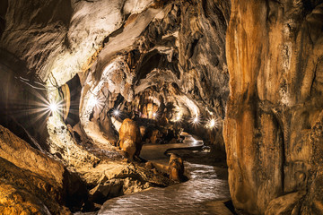 Travel Asia holiday. landscape inside stalagmite caves in Asia, Laos