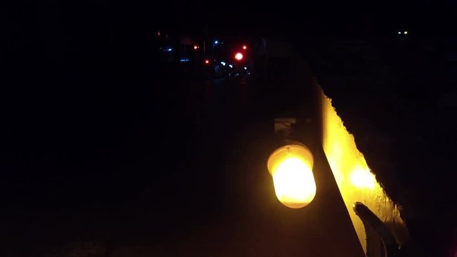 Closeup of a bright emergency light at night