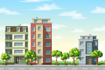 Illustration of colorful modern family houses with trees