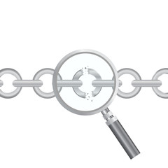 Vulnerability search. SEO optimization,web analytics, programming process  elements. IT Security Concept. Vector illustration. Magnifier and torn chain
