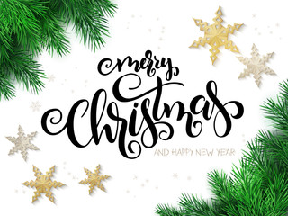 Vector illustration of christmas greeting card with hand lettering label - merry xmas - with stars, fir-tree branches and snowflakes
