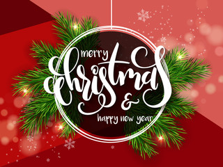 Vector illustration of banner with hand lettering label - merry xmas sale - with fir-tree branches and shiny flares