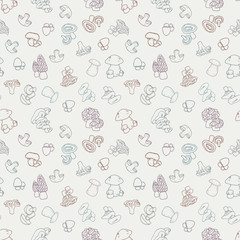 Colorful mushroom hand drawn vector seamless pattern. Isolated Sketch organic food drawing background. Champignon, morel, enokitake, porcini, oyster, honey agaric, chanterelle, fungi, russula.