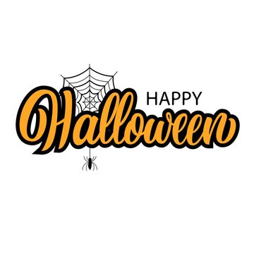 Happy halloween hand lettering, ink brush calligraphy isolated on white background, with black spider and web sketch, type design holiday vector illustration.
