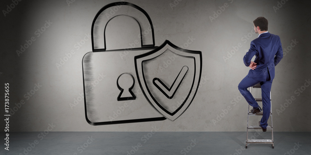 Aufkleber Businessman watching internet security interface sketch on a wall 3D rendering