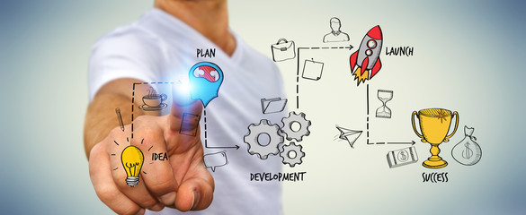 Businessman using manuscript project presentation with his hand