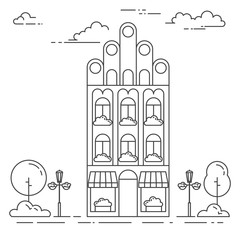 City landscape with house, trees and clouds. Vector illustration. Flat line art style.