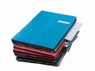 Pile of papers with document file isolated bound with string on white background