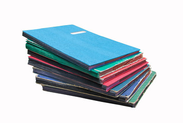 Pile of papers with document file isolated bound with string on white background