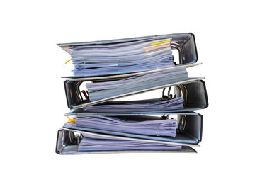 Pile of papers with document file isolated bound with string on white background