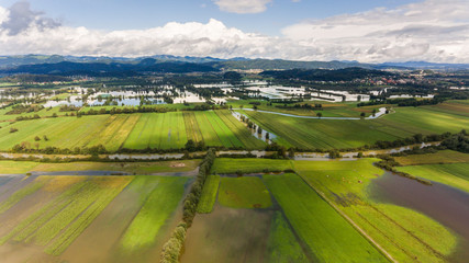 Aerial view of flooded fields.