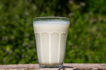Glass of milk on wooden table with nature background