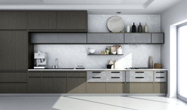 Einbauküchen-Konzept in Anbau an der Wand mit Hängeschränken und Holzdekor - 3D Entwurf