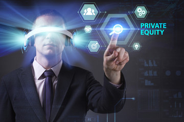 Business, Technology, Internet and network concept. Young businessman working in virtual reality glasses sees the inscription: Private equity