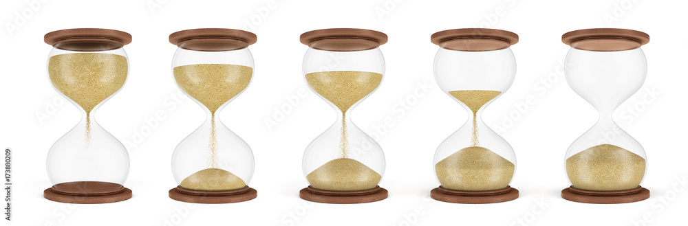 Fototapete 3d rendering of a set of several hourglasses standing in one row with the sand in different stages o