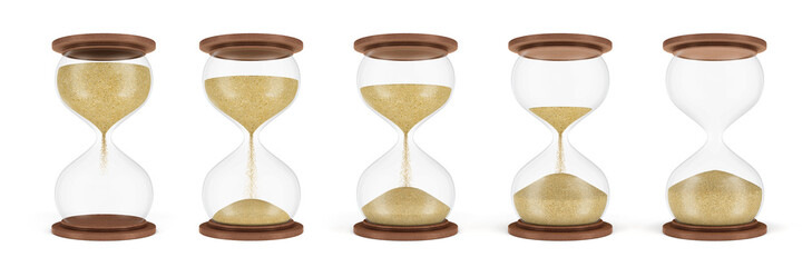 3d rendering of a set of several hourglasses standing in one row with the sand in different stages of falling down. © gearstd