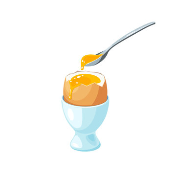 Soft boiled egg in eggshell in egg holder. Metal spoon with liquid yolk. Vector illustration cartoon flat icon isolated on white.
