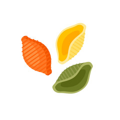 Italian cuisine. Pasta conchiglie tricolor - red, green, yellow. Vector illustration cartoon flat icon isolated on white.