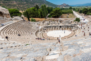 People visit Amphitheatre (Coliseum) at Ephesus historical ancient city, in Selcuk,Izmir,Turkey:20 August 2017