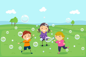 Stickman Kids Play Bubbles Illustration