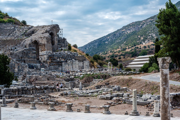 Fototapeta na wymiar People visit ancient ruins at Ephesus historical ancient city, in Selcuk,Izmir,Turkey:20 August 2017