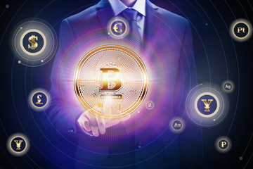 Crypto currency block chain, business mining concept design. Coin in hand as bit of e-commerce.