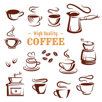 Vector icons set of coffee cups and makers