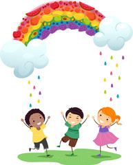 Obraz na płótnie Canvas Stickman Kids Rainbow Fruits Rain Illustration