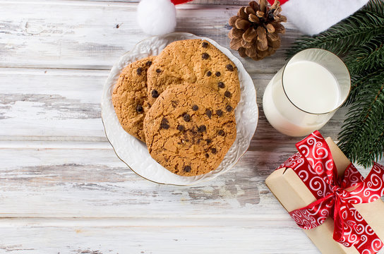 Glass Of Milk And Cookies With Chocolate For Santa