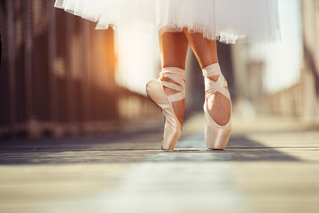 beautiful legs of female classic ballet dancer in pointe. - obrazy, fototapety, plakaty