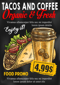 Fast food tacos coffe price vector sketch poster