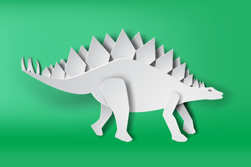 paper art of Stegosaurus dinosour on green background vector