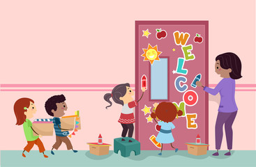 Stickman Kids Decorate Classroom Door Illustration