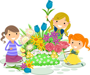 Stickman Kids Flowers Pick Girls Illustration