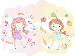 Kids Girls Candies Healthy Foods Illustration