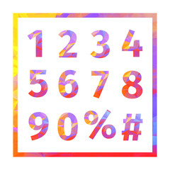 Red, blue, yellow, purple triangular numbers, percent sign and hash