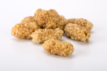 Close Up Shot Of Dried White Mulberries Fruits Isolated On White Background, A Healthy And Popular Sweet Snacks In Iran And Turkey