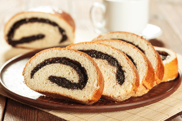 Freshly baked bread on wooden table