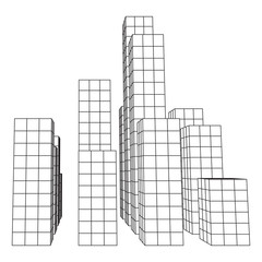 Mesh low poly wireframe cubes array like skyscraper city. Connected lines. Connection Box Structure. Digital Data Visualization Concept. Vector Illustration.