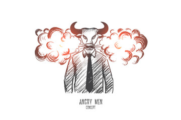 Angry man concept. Hand drawn man with head of bull. Furious person isolated vector illustration.
