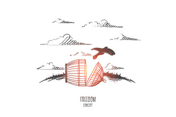 Freedom concept. Hand drawn bird escaping from the prison. Cell broken isolated vector illustration.
