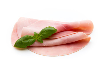 Sliced boiled ham sausage isolated on white background, top view.