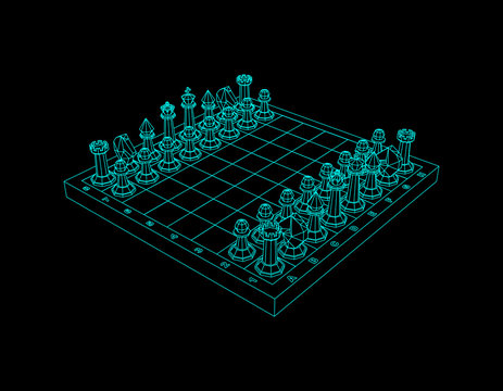 Chess board with figures. Isolated on black background.