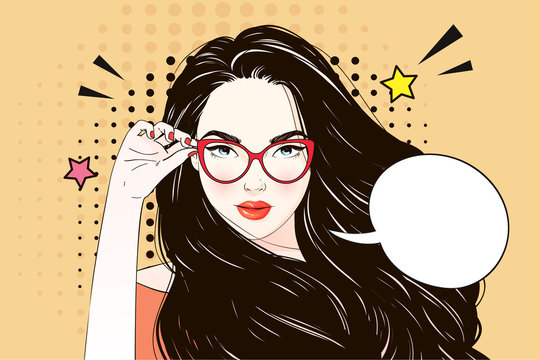 Pop Art Vintage advertising poster comic girl with speech bubble. Pretty girl holds her glasses and look at you vector illustration