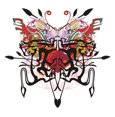 Abstract butterfly with red heart inside. Tribal fantastic butterfly formed by dogs, similar to a lion with colorful splashes