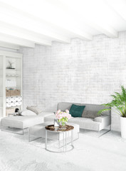 White bedroom minimal style Interior design with wood wall and grey sofa. 3D Rendering.