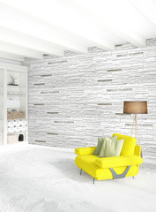 Fototapeta na wymiar Modern bedroom yellow sofa luxury minimal style Interior loft design with eclectic wall. 3D Rendering.